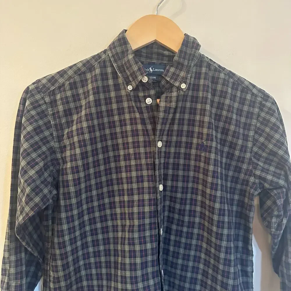 Boy's Ralph Lauren Plaid Button Down Long Sleeve Shirt sz 12-14 Polo Pony Logo
